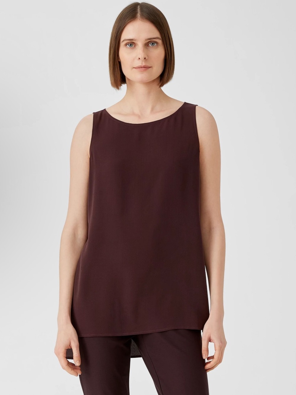 Eileen Fisher Silk Georgett Crepe Long Shell Blouse Plum Minimalist Quiet Luxury